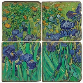 Metr Studio Vertu, Set of 4, Van Gogh Irises Tumbled Botticino Marble 4.25"" Coasters