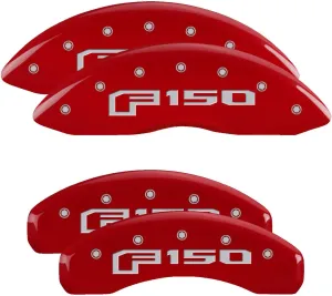 MGP Caliper Covers - Brake Caliper Covers 2012-2020 Ford F-150 (Mechanical Parking Brake) Front and Rear Set - F-150 Logo - Red
