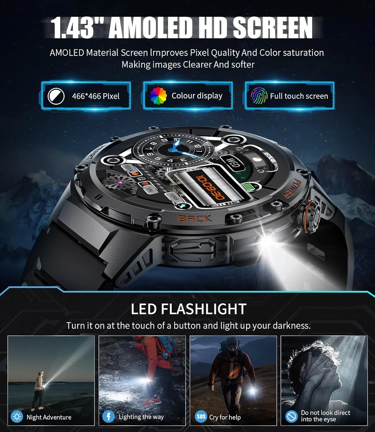Military Smart Watch for Men, Flashlight 100  Sports Modes Fitness Tracker Smartwatch, 1.43'' AMOLED Display, 5ATM Waterproof, Heart Rate/Sleep Monitor, Mens Smart Watches for Android iOS