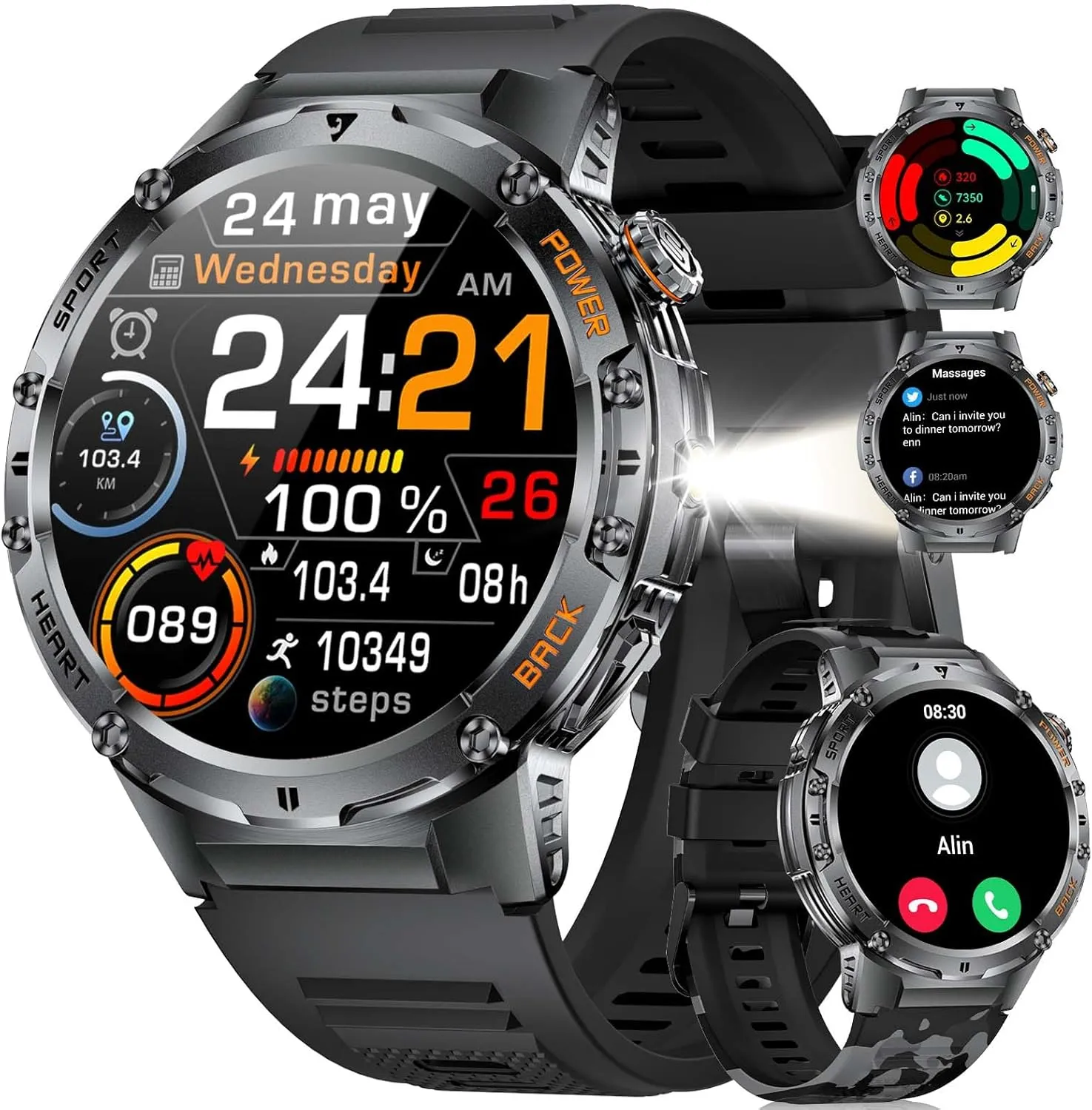 Military Smart Watch for Men, Flashlight 100  Sports Modes Fitness Tracker Smartwatch, 1.43'' AMOLED Display, 5ATM Waterproof, Heart Rate/Sleep Monitor, Mens Smart Watches for Android iOS
