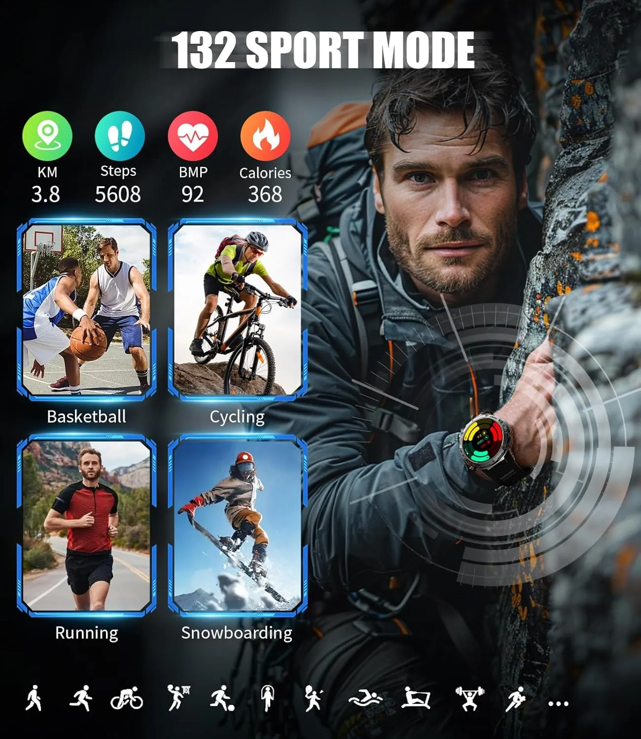 Military Smart Watch for Men, Flashlight 100  Sports Modes Fitness Tracker Smartwatch, 1.43'' AMOLED Display, 5ATM Waterproof, Heart Rate/Sleep Monitor, Mens Smart Watches for Android iOS