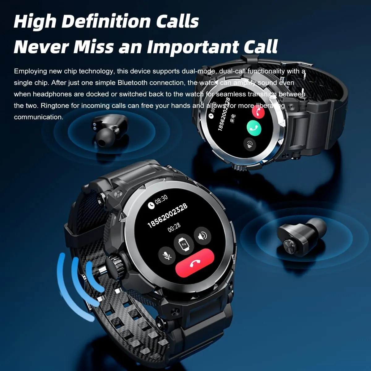 Military Smart Watch with Earbuds for Men, Bluetooth Calling can Answer and Make Calls, IP67 Waterproof Fitness Smart Watch, Sports Fitness Tracker with Step, for Men Dad Husband