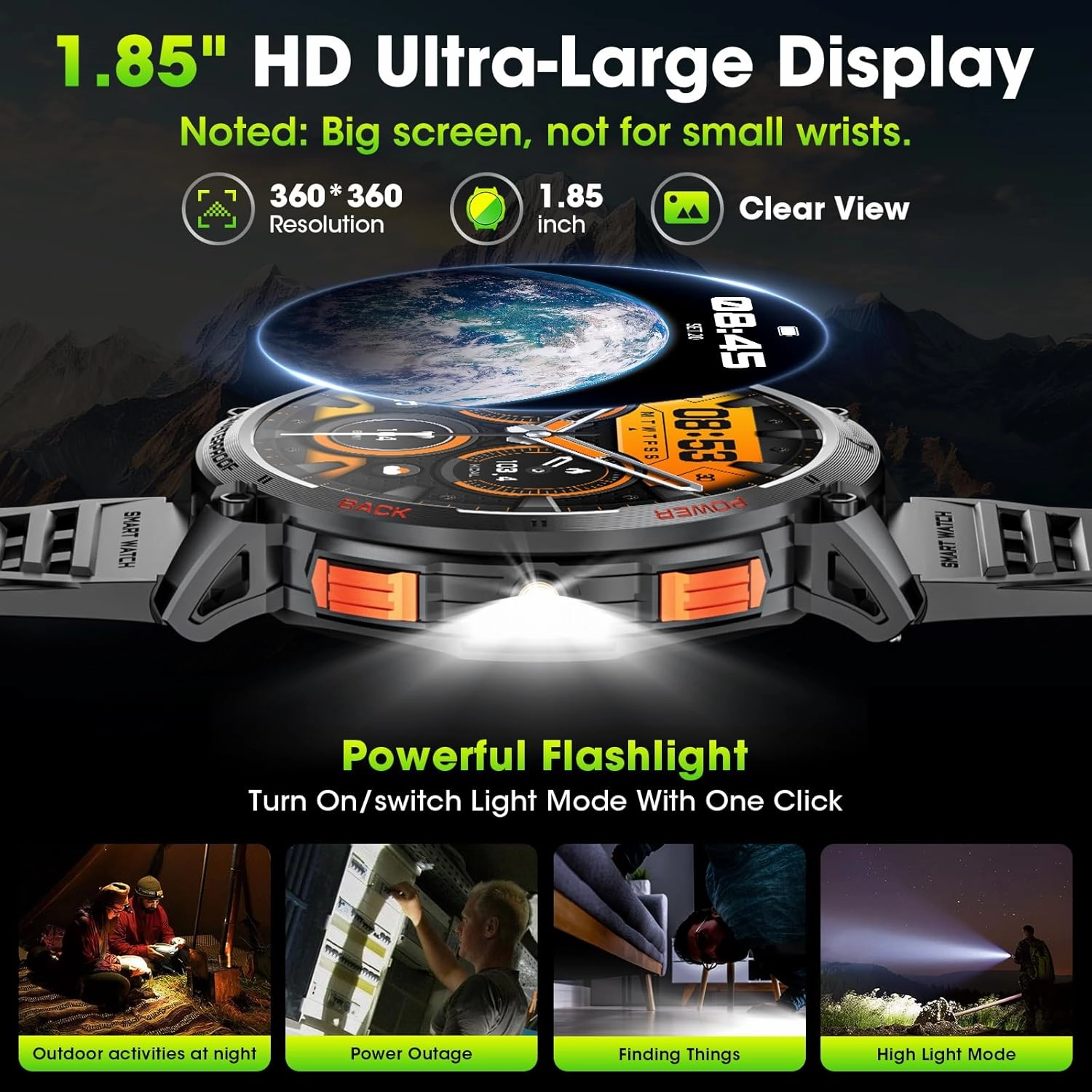 Military Smart Watches for Men, 1.85" HD Large Screen Smart Watch, Flashlight/730mAh/110  Sports Modes Fitness Tracker Watch, Waterproof Mens Smart Watch for Android Phones iPhone Compatible