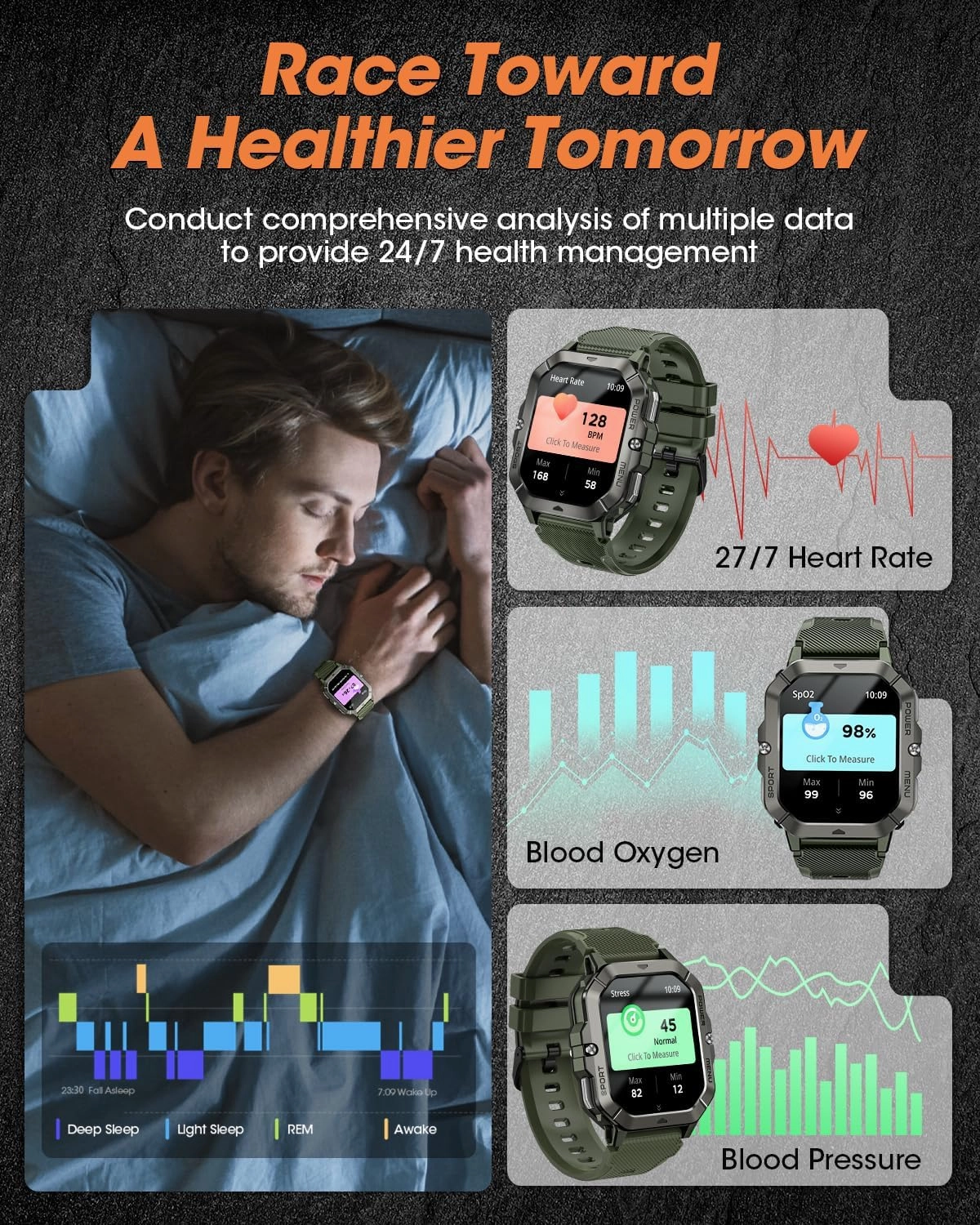 Military Smart Watches for Men (Answer/Make Calls), Waterproof Rugged Fitness Tracker with Blood Pressure/Heart Rate/SpO2/Sleep, Bluetooth Tactical Smart Watch for Android and iPhone, Military Green