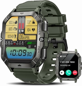 Military Smart Watches for Men (Answer/Make Calls), Waterproof Rugged Fitness Tracker with Blood Pressure/Heart Rate/SpO2/Sleep, Bluetooth Tactical Smart Watch for Android and iPhone, Military Green
