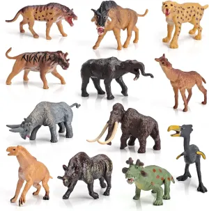 Mini Prehistoric Mammals Animals Toys Set 12PCS Animal Figures Wildlife Figurines Woolly Mammoth Saber-Toothed Tiger Model Dire Wolf Figure Kids Birthday Gift