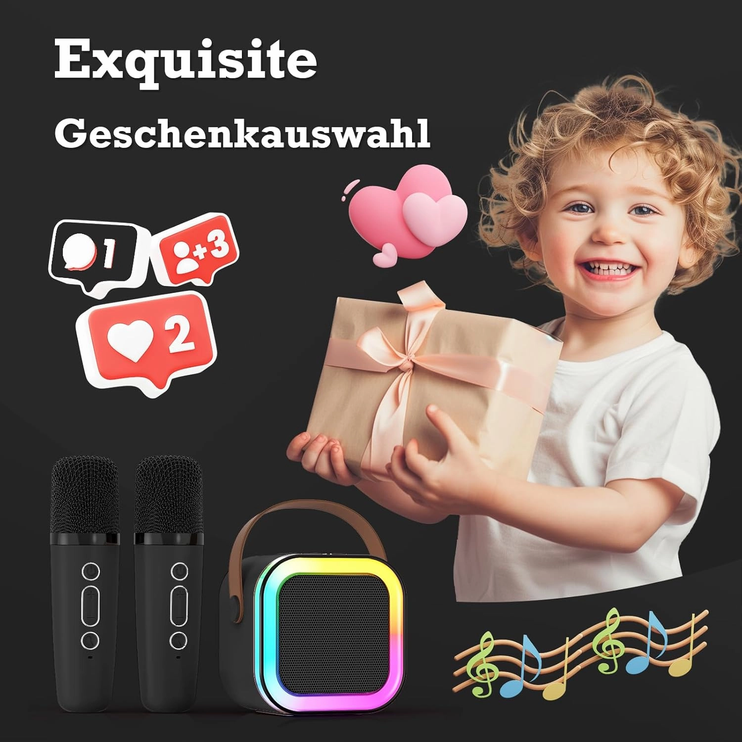 Mini Karaoke Machine for Kids Adults: Portable Bluetooth Karaoke Machine with 2 Wireless Mics and Light - Karaoke Speaker for Ages 4 5 6 7 8 9 10 11 12  Year Old Girls Boys Birthday Gift Toy(Black)