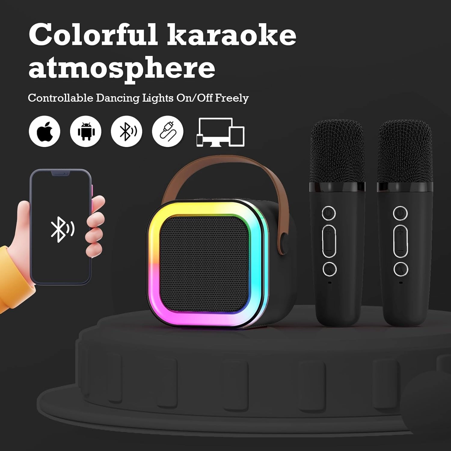Mini Karaoke Machine for Kids Adults: Portable Bluetooth Karaoke Machine with 2 Wireless Mics and Light - Karaoke Speaker for Ages 4 5 6 7 8 9 10 11 12  Year Old Girls Boys Birthday Gift Toy(Black)