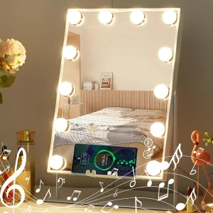 MISAVANITY Vanity Mirror with Lights Speaker and Wireless Charging Hollywood Mirror with Lights 360 Degree Rotation 3 Color Lighting Modes Detachable 10x Magnification Mirror, White