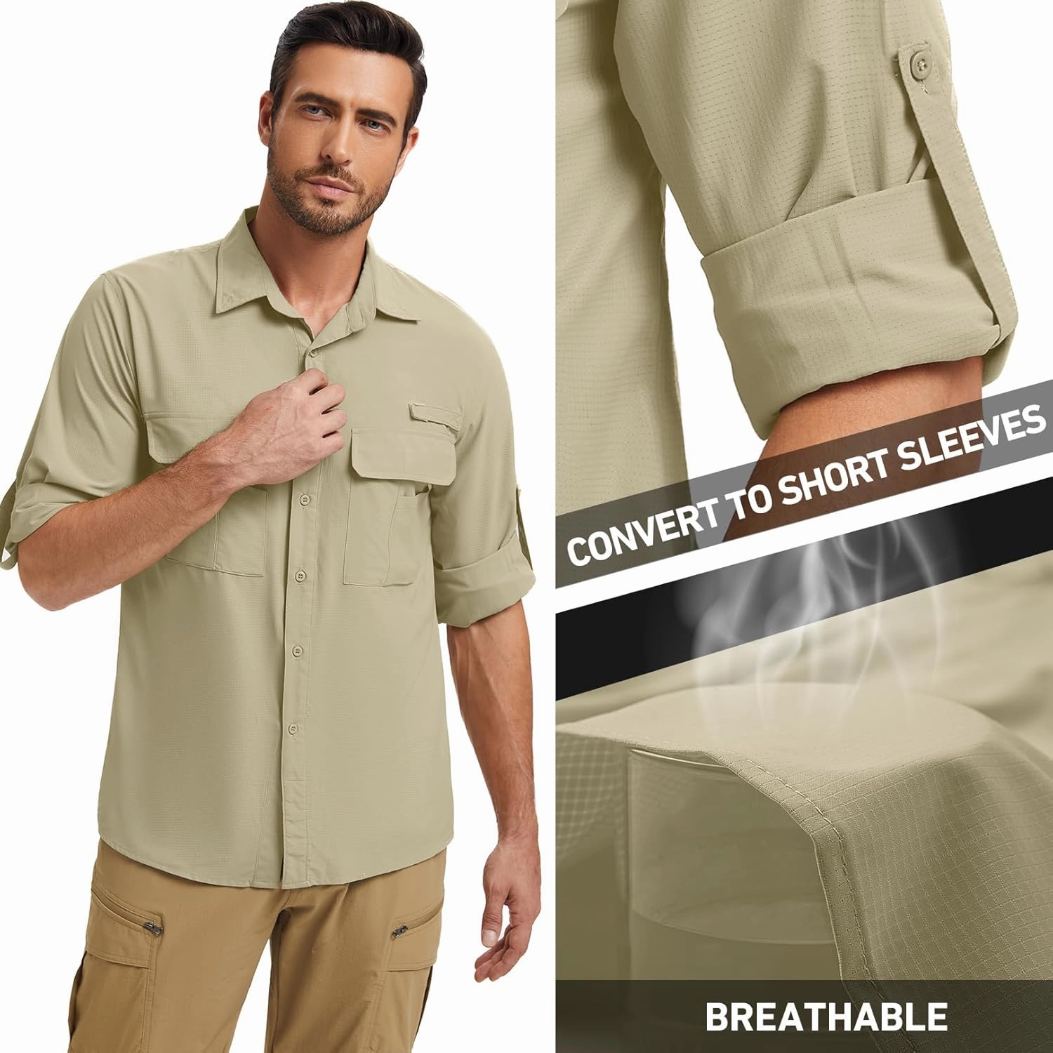 mixtiq Men’s Safari Sun UV Protection Shirts Loog Sleeve UPF 50  Quick Dry Lightweight Cooling Hiking Fishing Camping Shirts