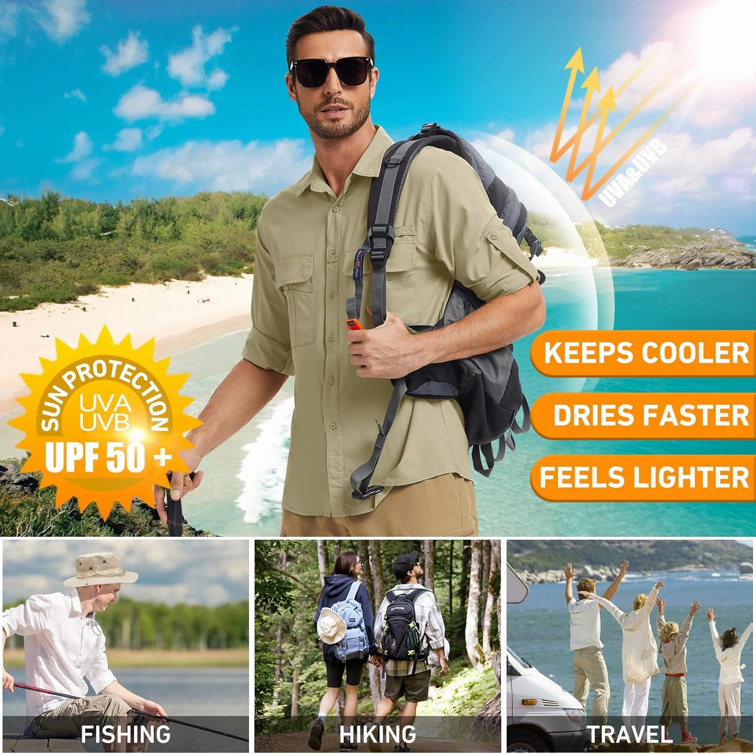 mixtiq Men’s Safari Sun UV Protection Shirts Loog Sleeve UPF 50  Quick Dry Lightweight Cooling Hiking Fishing Camping Shirts