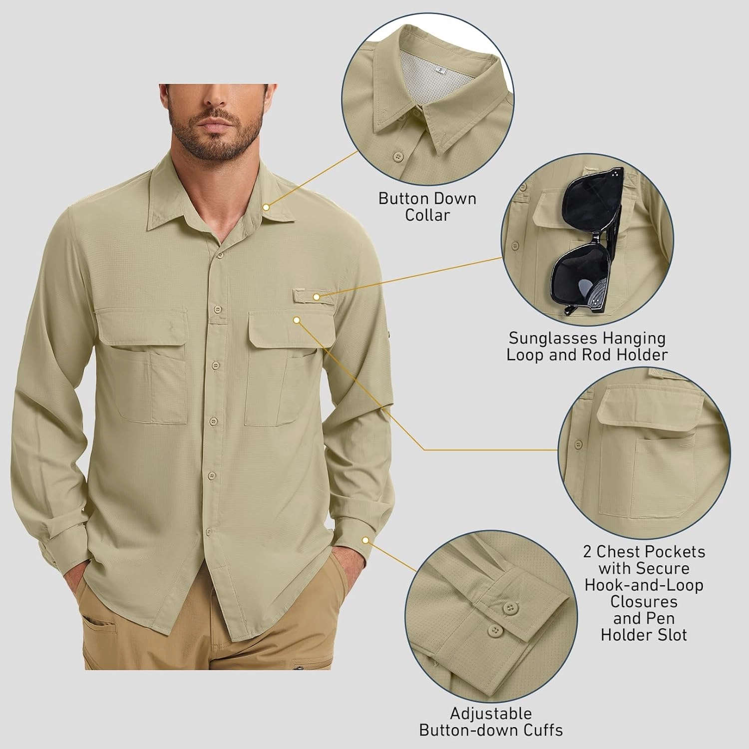 mixtiq Men’s Safari Sun UV Protection Shirts Loog Sleeve UPF 50  Quick Dry Lightweight Cooling Hiking Fishing Camping Shirts
