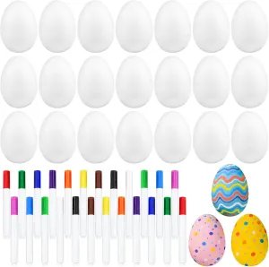 Morcheiong 24 Pcs White Plastic Egg Shakers Musical Instruments, Easter Egg Favors Egg Maracas Shakers for Kids, DIY Set with 24 Pcs Multicolor Pens