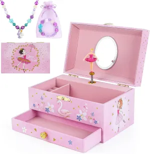 Music Jewellery Box with Drawer Necklace Bracelet, Musical Jewelry Storage Case with Spinning Ballerina Gift Set for Kids Girls Children Daughter (Pink Ballerina)