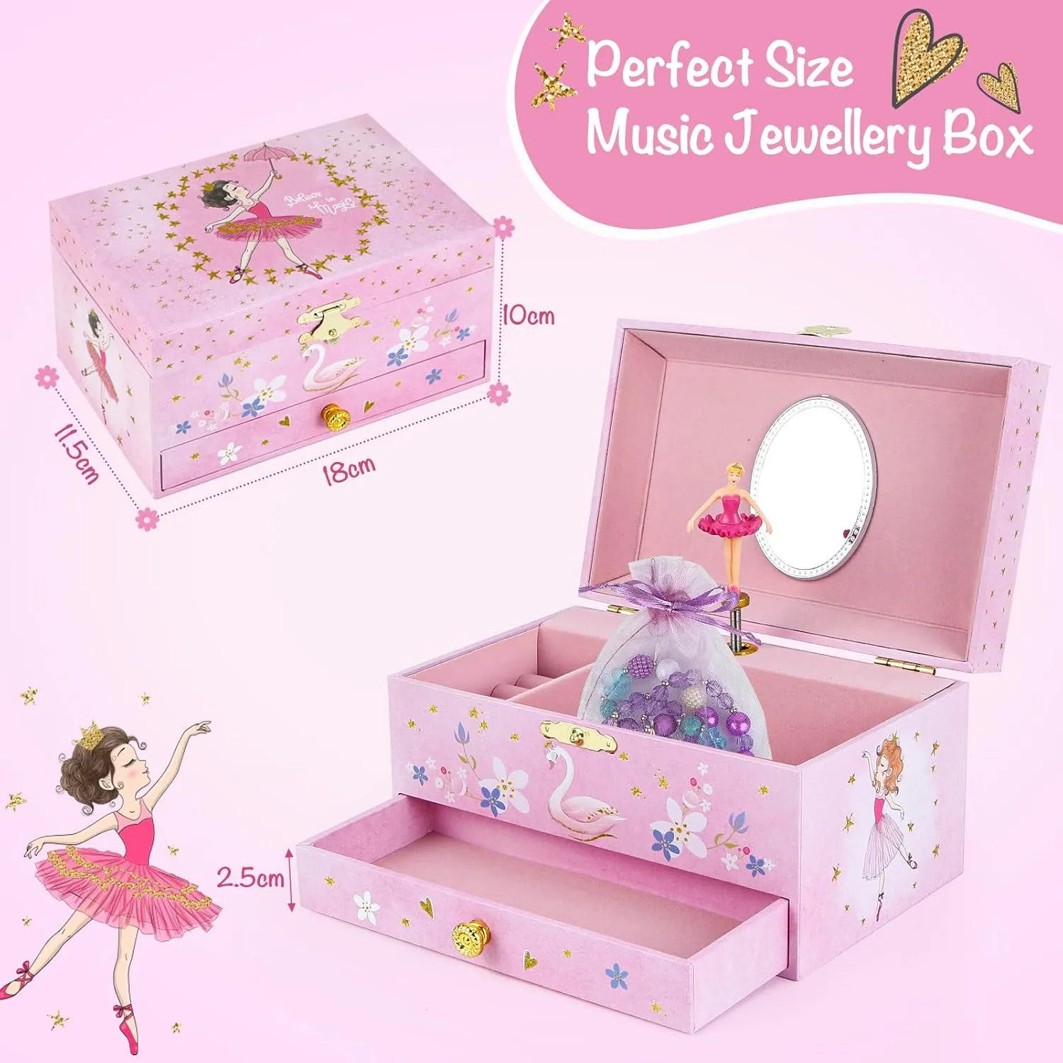 Music Jewellery Box with Drawer Necklace Bracelet, Musical Jewelry Storage Case with Spinning Ballerina Gift Set for Kids Girls Children Daughter (Pink Ballerina)