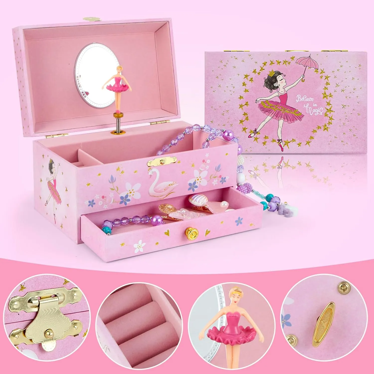 Music Jewellery Box with Drawer Necklace Bracelet, Musical Jewelry Storage Case with Spinning Ballerina Gift Set for Kids Girls Children Daughter (Pink Ballerina)