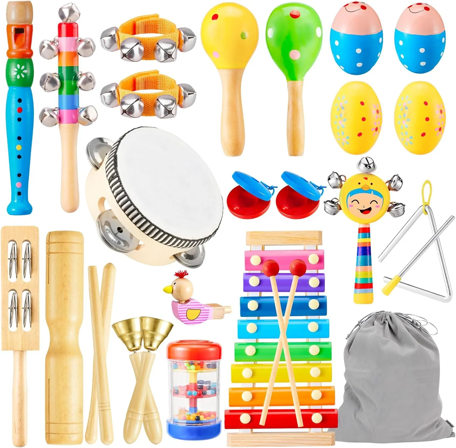 Musical Instruments Toys Toddlers Baby Wooden Percussion Music Drum Set Kids Preschool Educational Montessori Toys Children's Xylophone 1-3 3-5 Year Old Boys Girls Gifts with Storage Bag