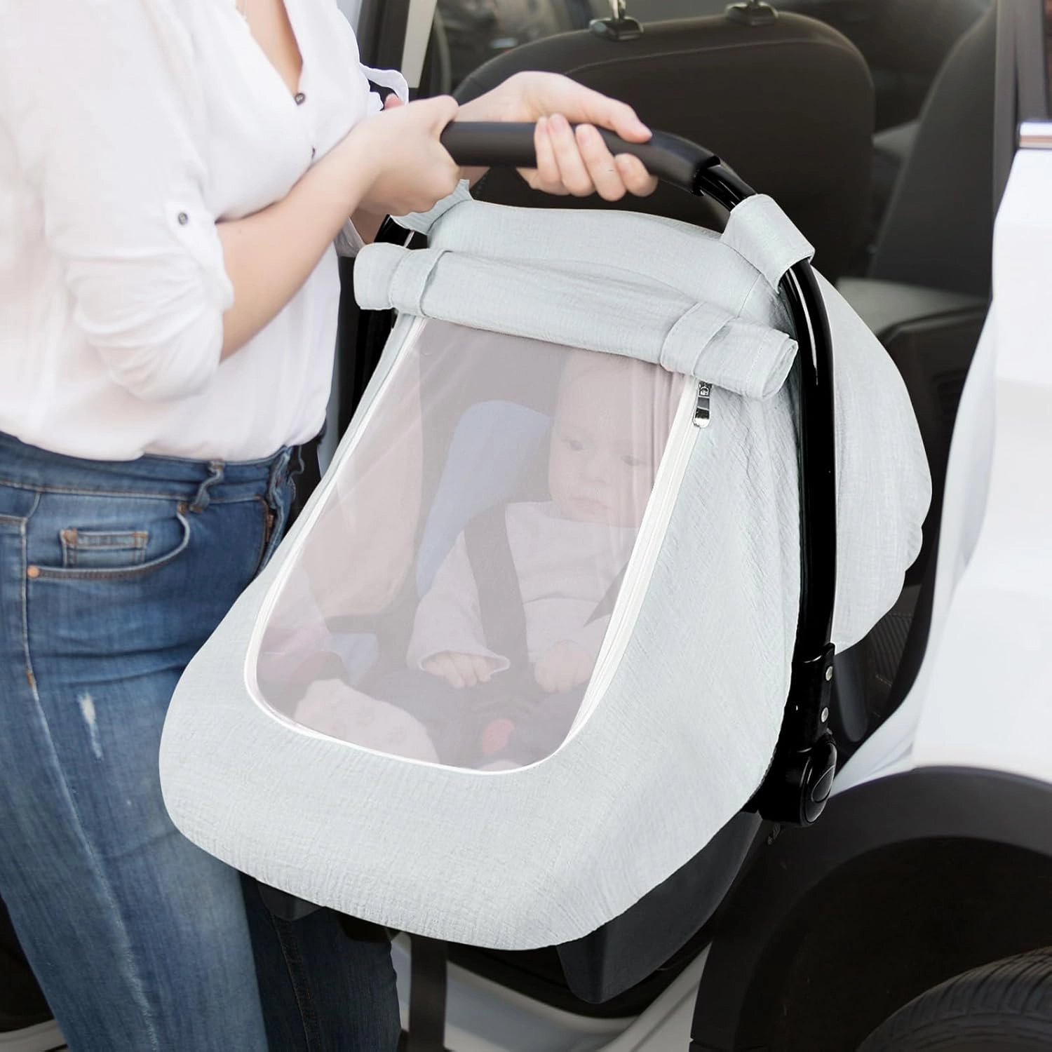 Muslin Car Seat Covers for Babies, Summer Baby Car Seat Cover for Boys Girls with Breathable Window, Lightweight Infant Car Seat Canopy, Gray