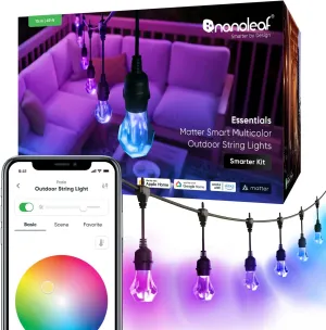 Nanoleaf Essentials Matter Smart Multicolor Outdoor String Lights Smarter Kit with Addressable RGBICW LED Bulbs, White and Color-Changing, Wi-Fi   Bluetooth, IP 65 Water Resistant (49ft (20 Bulbs))