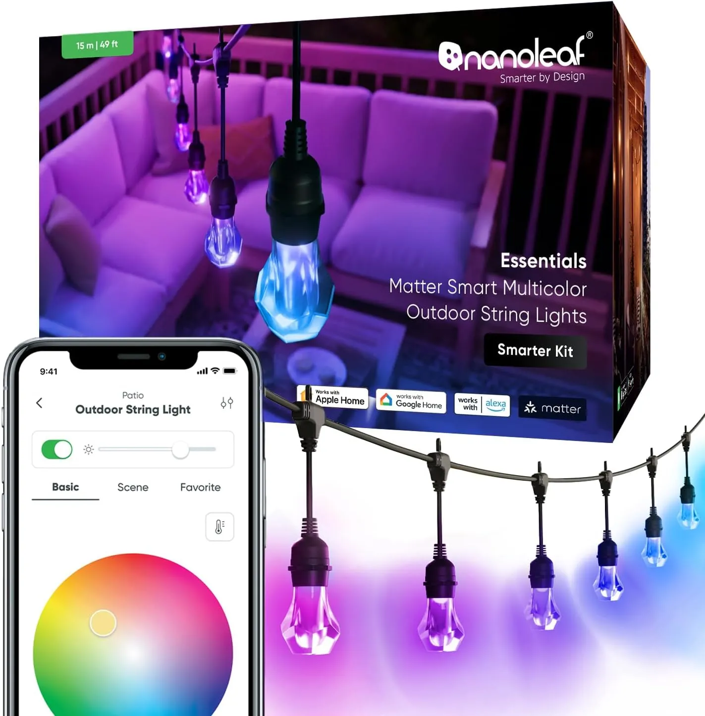 Nanoleaf Essentials Matter Smart Multicolor Outdoor String Lights Smarter Kit with Addressable RGBICW LED Bulbs, White and Color-Changing, Wi-Fi   Bluetooth, IP 65 Water Resistant (49ft (20 Bulbs))