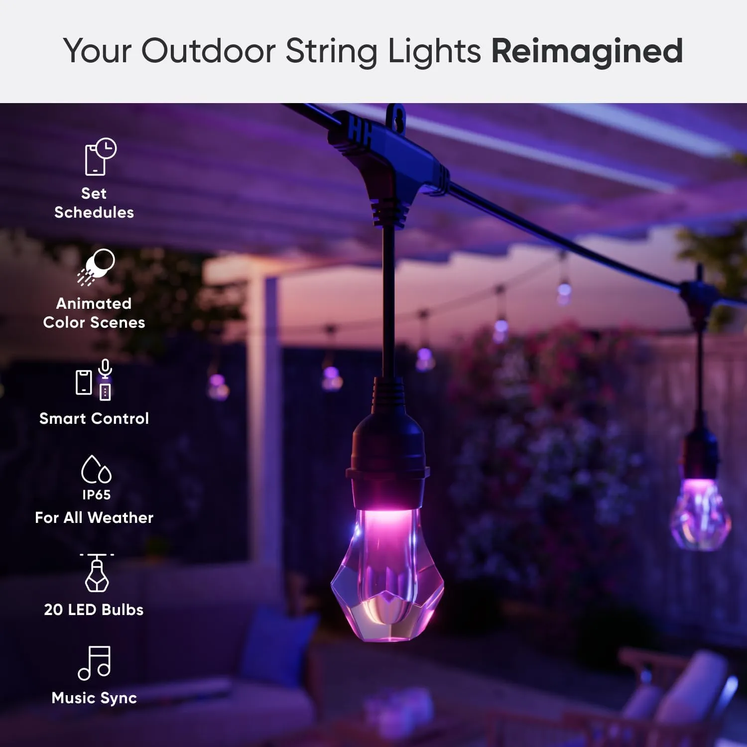 Nanoleaf Essentials Matter Smart Multicolor Outdoor String Lights Smarter Kit with Addressable RGBICW LED Bulbs, White and Color-Changing, Wi-Fi   Bluetooth, IP 65 Water Resistant (49ft (20 Bulbs))