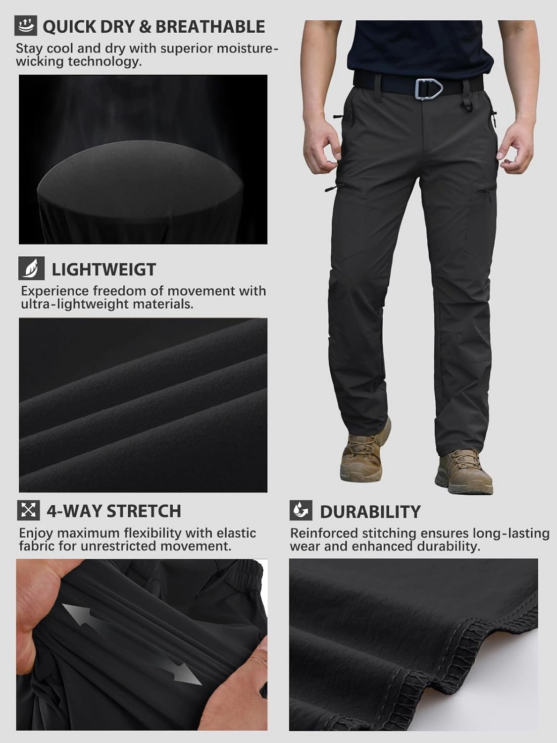 NAVEKULL Men's Lightweight Hiking Pants Quick Dry Stretch Fishing Tactical Work Pants with Zipper Pockets