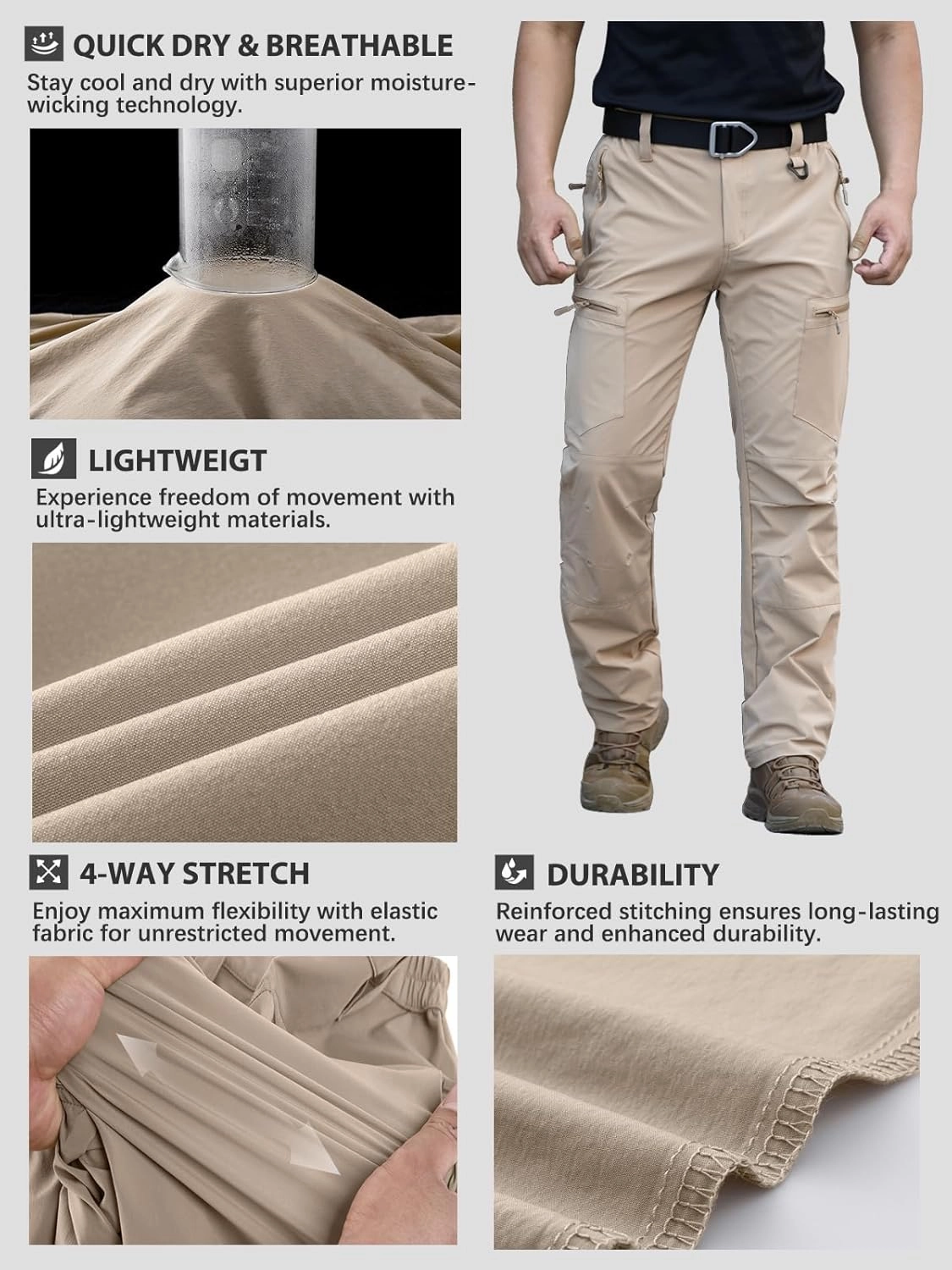 NAVEKULL Men's Lightweight Hiking Pants Quick Dry Stretch Fishing Tactical Work Pants with Zipper Pockets