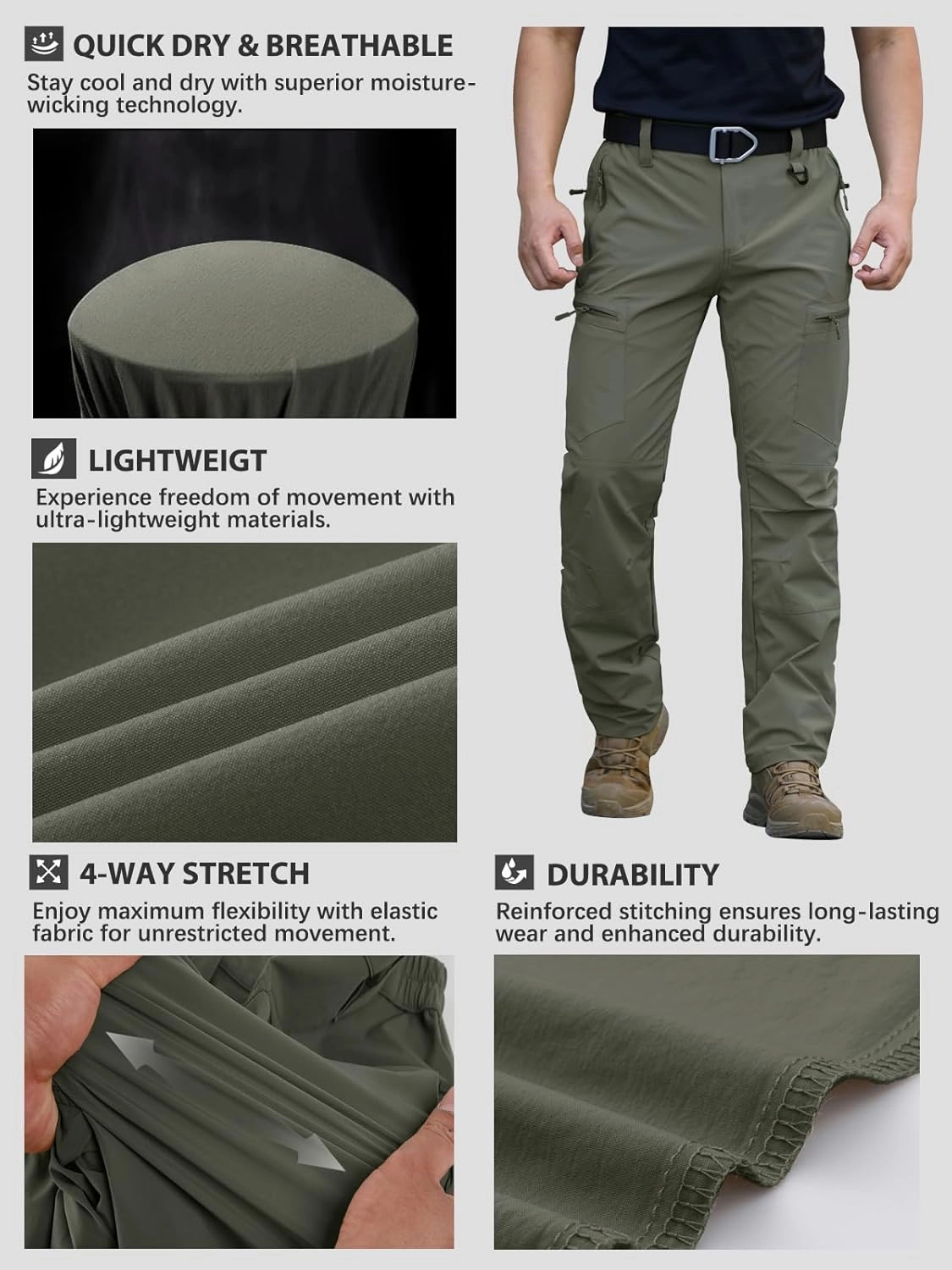 NAVEKULL Men's Lightweight Hiking Pants Quick Dry Stretch Fishing Tactical Work Pants with Zipper Pockets