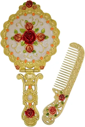 Nerien Vintage Metal Antique Rose Style Handheld Makeup Mirror Set - Travel Round Folding Cosmetic Vanity With Handle - Decorative Tabletop Gold-1