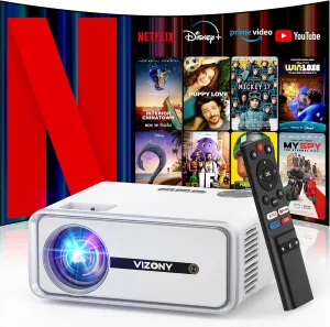[Netflix Officially/Dolby Audio] Smart Projector with WiFi and Bluetooth, VIZONY Native 1080P Projector with Apps Built in Netflix, Youtube, Hulu, Disney , Portable Mini Projector for Indoor/Outdoor