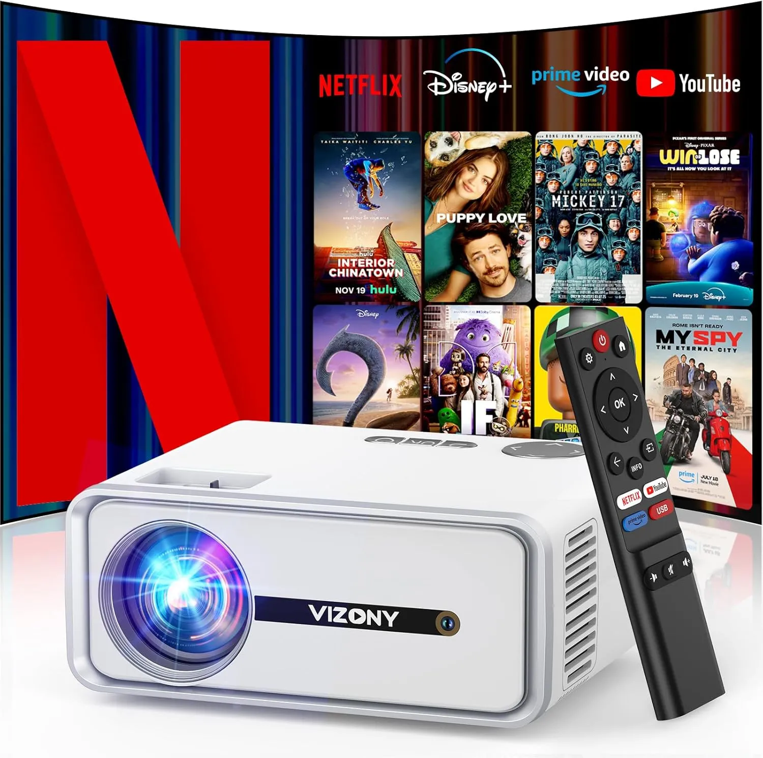[Netflix Officially/Dolby Audio] Smart Projector with WiFi and Bluetooth, VIZONY Native 1080P Projector with Apps Built in Netflix, Youtube, Hulu, Disney , Portable Mini Projector for Indoor/Outdoor