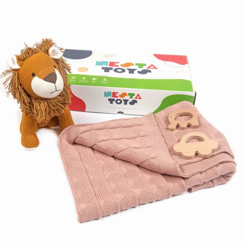 New Born Gift Set - Blanket, Lion Plush Toy & Wooden Teethers (0 Month - 7 Years)