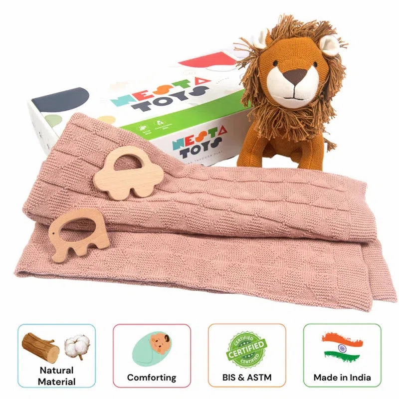 New Born Gift Set - Blanket, Lion Plush Toy & Wooden Teethers (0 Month - 7 Years)