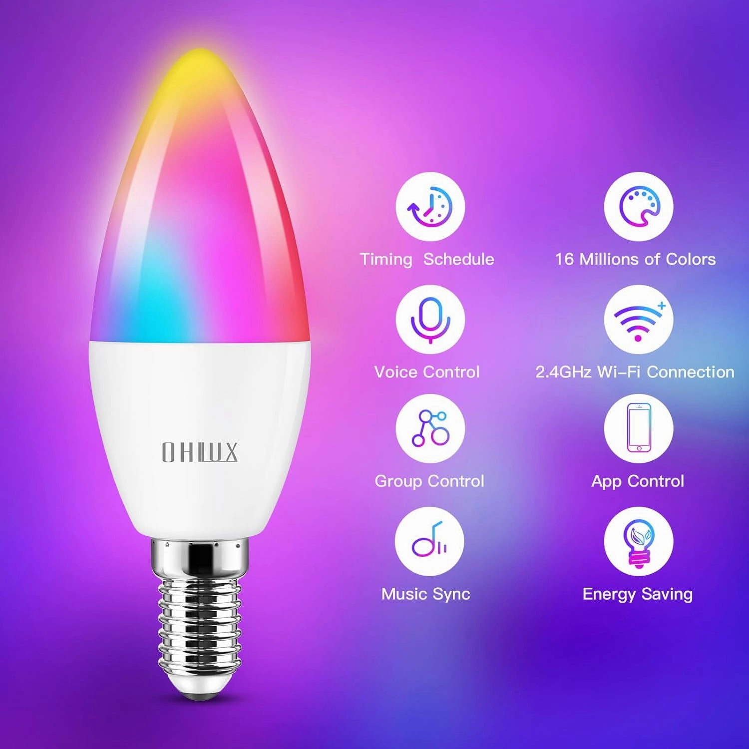 OHLUX 2 Pack E12 LED Bulb, 4W 40 Watt Equivalent Dimmable Smart Candelabra Bulbs Compatible with Alexa, Google Home, Color Changing, Music Sync, Voice Control, Timer