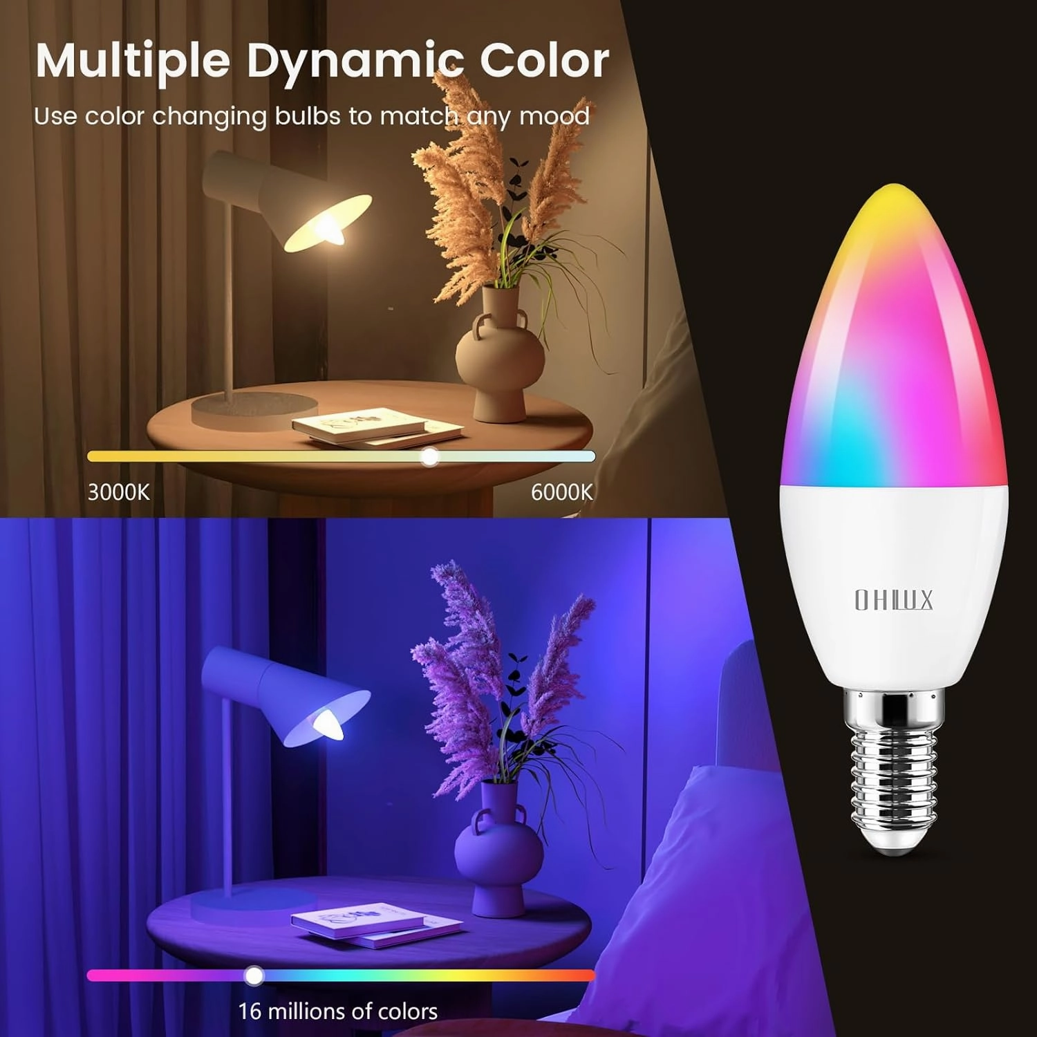 OHLUX 2 Pack E12 LED Bulb, 4W 40 Watt Equivalent Dimmable Smart Candelabra Bulbs Compatible with Alexa, Google Home, Color Changing, Music Sync, Voice Control, Timer