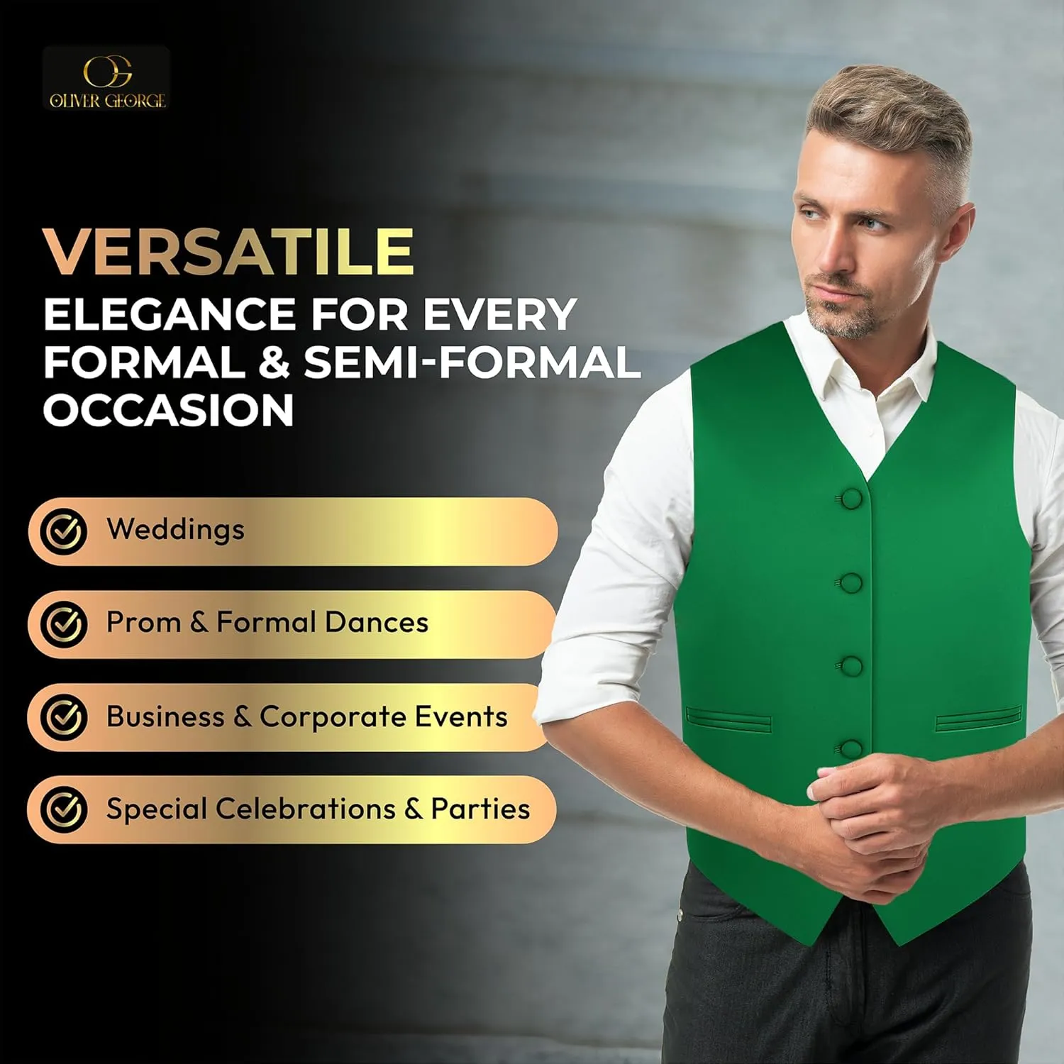 Oliver George 3pc Men's Solid Formal Waistcoat Tuxedo Dress Vest Necktie Handkerchief Set For Suit or Tuxedo