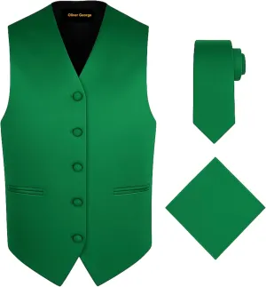 Oliver George 3pc Men's Solid Formal Waistcoat Tuxedo Dress Vest Necktie Handkerchief Set For Suit or Tuxedo