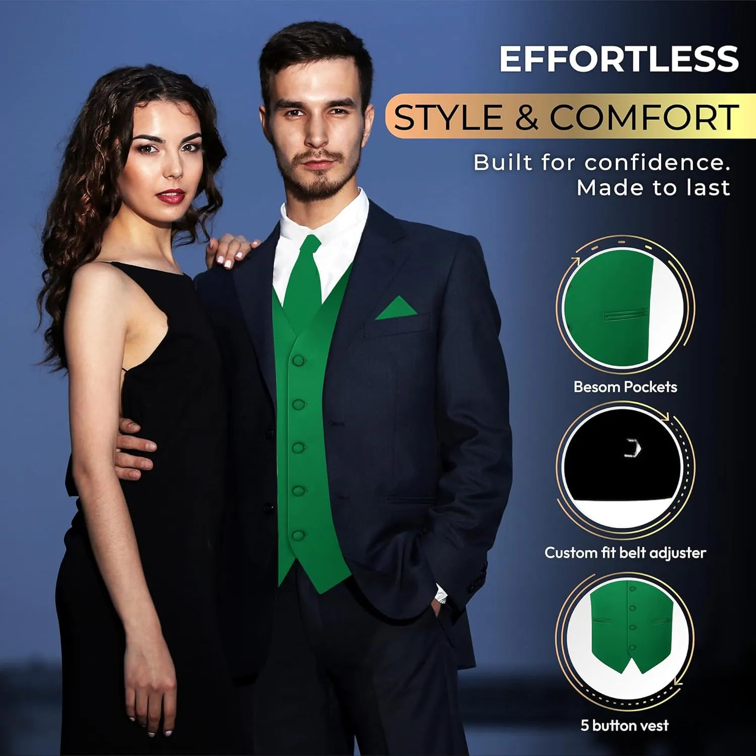 Oliver George 3pc Men's Solid Formal Waistcoat Tuxedo Dress Vest Necktie Handkerchief Set For Suit or Tuxedo