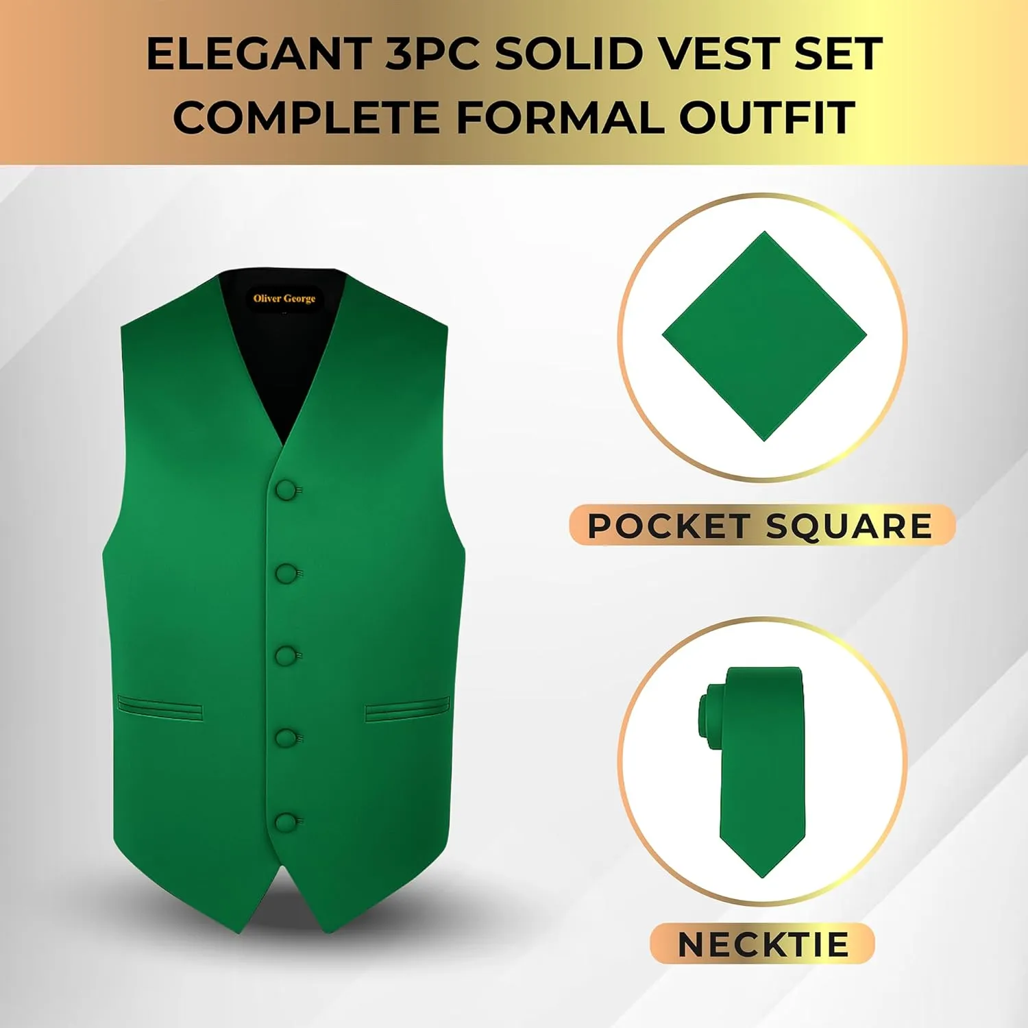 Oliver George 3pc Men's Solid Formal Waistcoat Tuxedo Dress Vest Necktie Handkerchief Set For Suit or Tuxedo