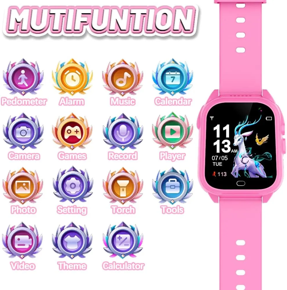 OVV Kids Waterproof Smart Watch Boys Girls Age 3-12 Learning Systems Toys with 26 Game 1.44'' HD Touch Screen Music Player Camera Video Recorder 12/24 Hr Clock Pedometer Alarm Torch Calculator