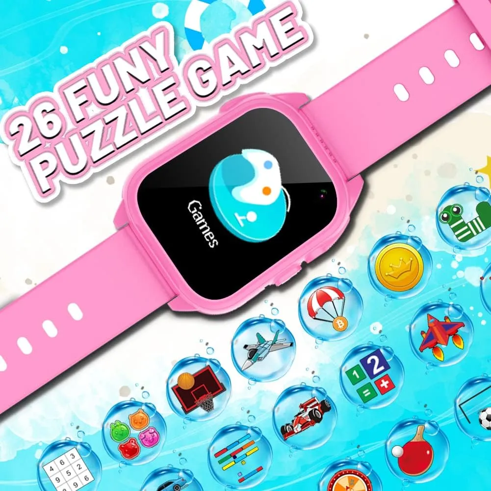 OVV Kids Waterproof Smart Watch Boys Girls Age 3-12 Learning Systems Toys with 26 Game 1.44'' HD Touch Screen Music Player Camera Video Recorder 12/24 Hr Clock Pedometer Alarm Torch Calculator