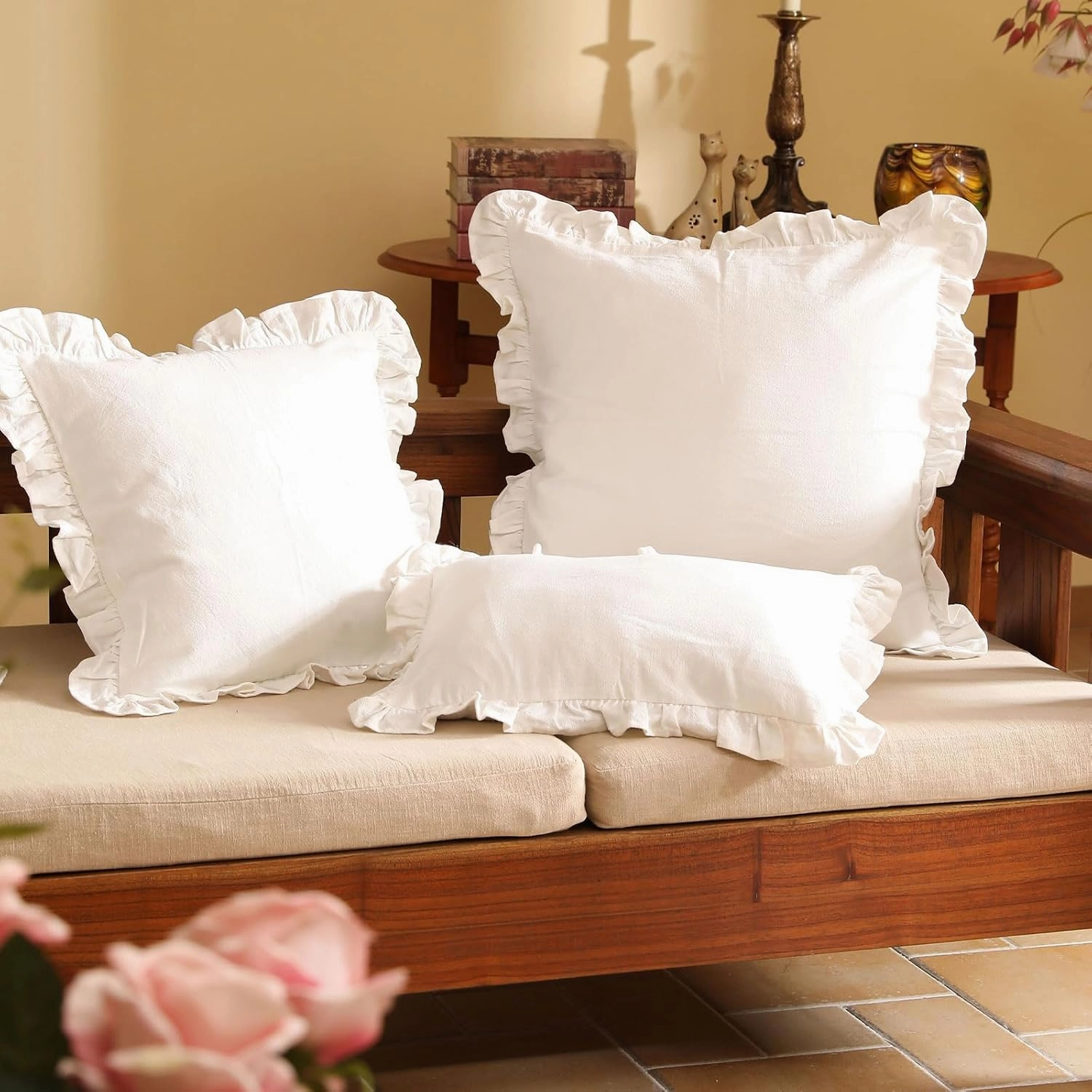 patdrea Shabby Chic White Decorative Throw Pillow Covers 12"x20" Set of 2,Farmhouse Linen Pillow Covers with Ruffles,Rectangle Sturdy Throw Pillow Case for Couch Sofa Bed Living Room