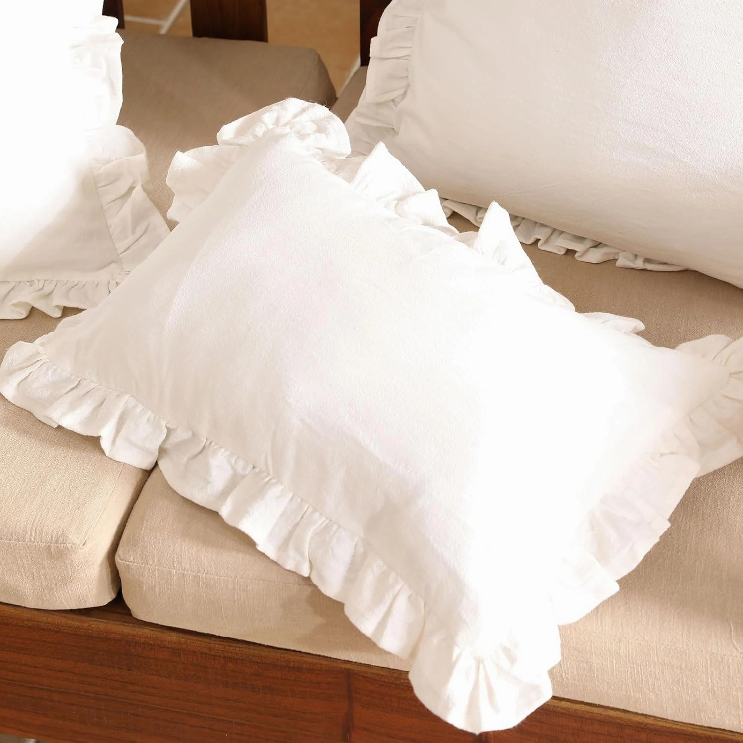 patdrea Shabby Chic White Decorative Throw Pillow Covers 12"x20" Set of 2,Farmhouse Linen Pillow Covers with Ruffles,Rectangle Sturdy Throw Pillow Case for Couch Sofa Bed Living Room