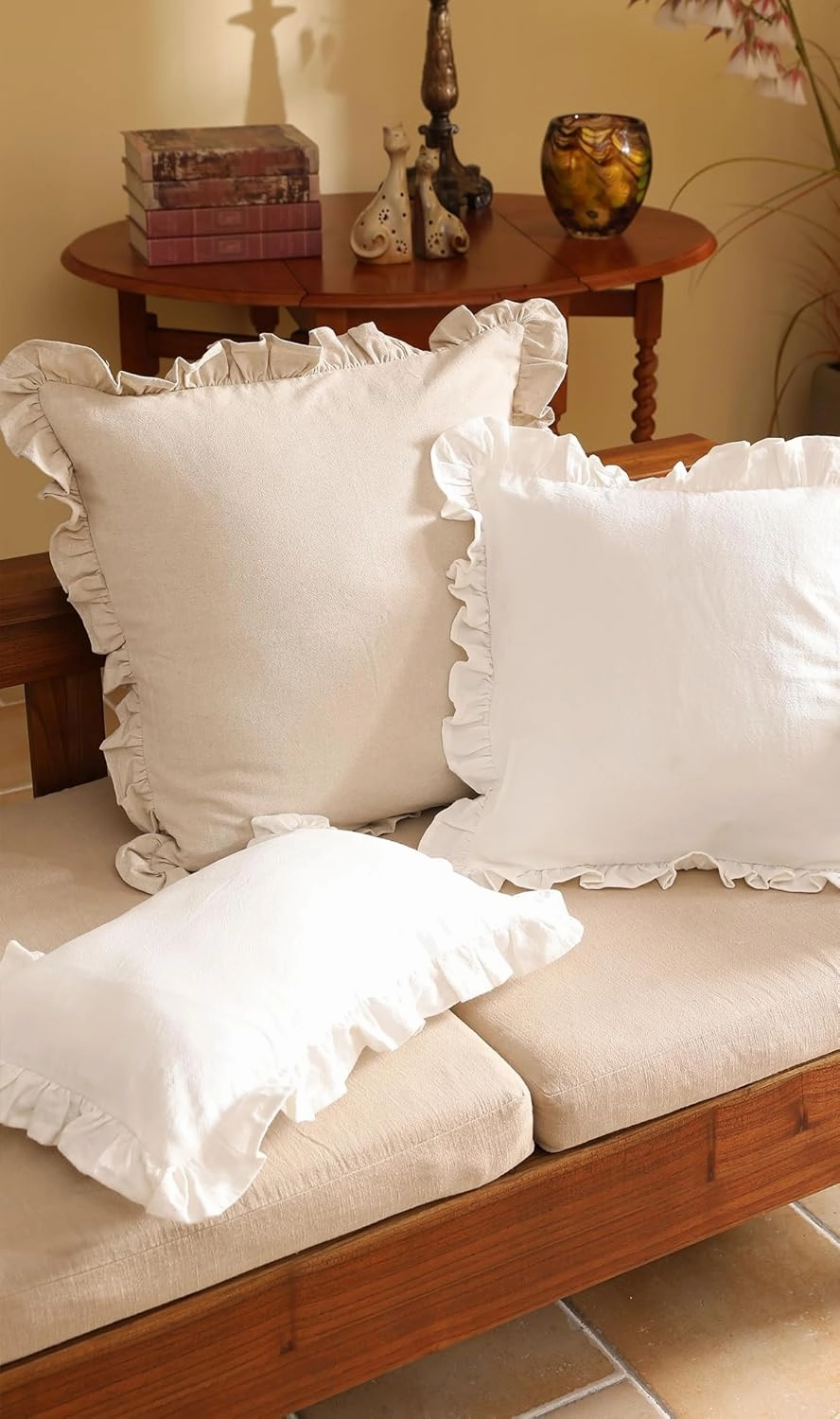 patdrea Shabby Chic White Decorative Throw Pillow Covers 12"x20" Set of 2,Farmhouse Linen Pillow Covers with Ruffles,Rectangle Sturdy Throw Pillow Case for Couch Sofa Bed Living Room