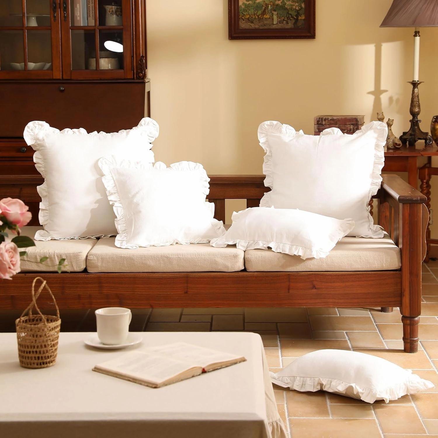 patdrea Shabby Chic White Decorative Throw Pillow Covers 12"x20" Set of 2,Farmhouse Linen Pillow Covers with Ruffles,Rectangle Sturdy Throw Pillow Case for Couch Sofa Bed Living Room