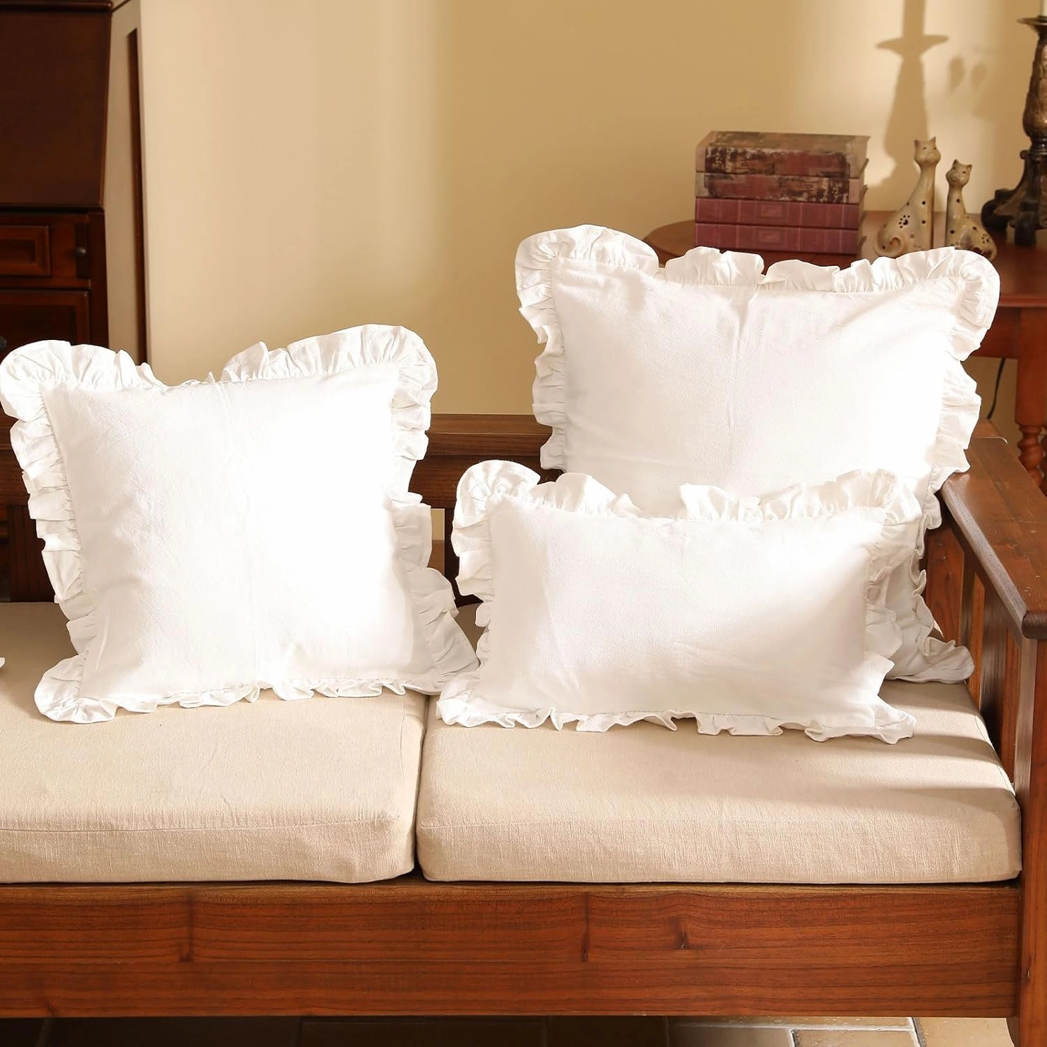 patdrea Shabby Chic White Decorative Throw Pillow Covers 12"x20" Set of 2,Farmhouse Linen Pillow Covers with Ruffles,Rectangle Sturdy Throw Pillow Case for Couch Sofa Bed Living Room