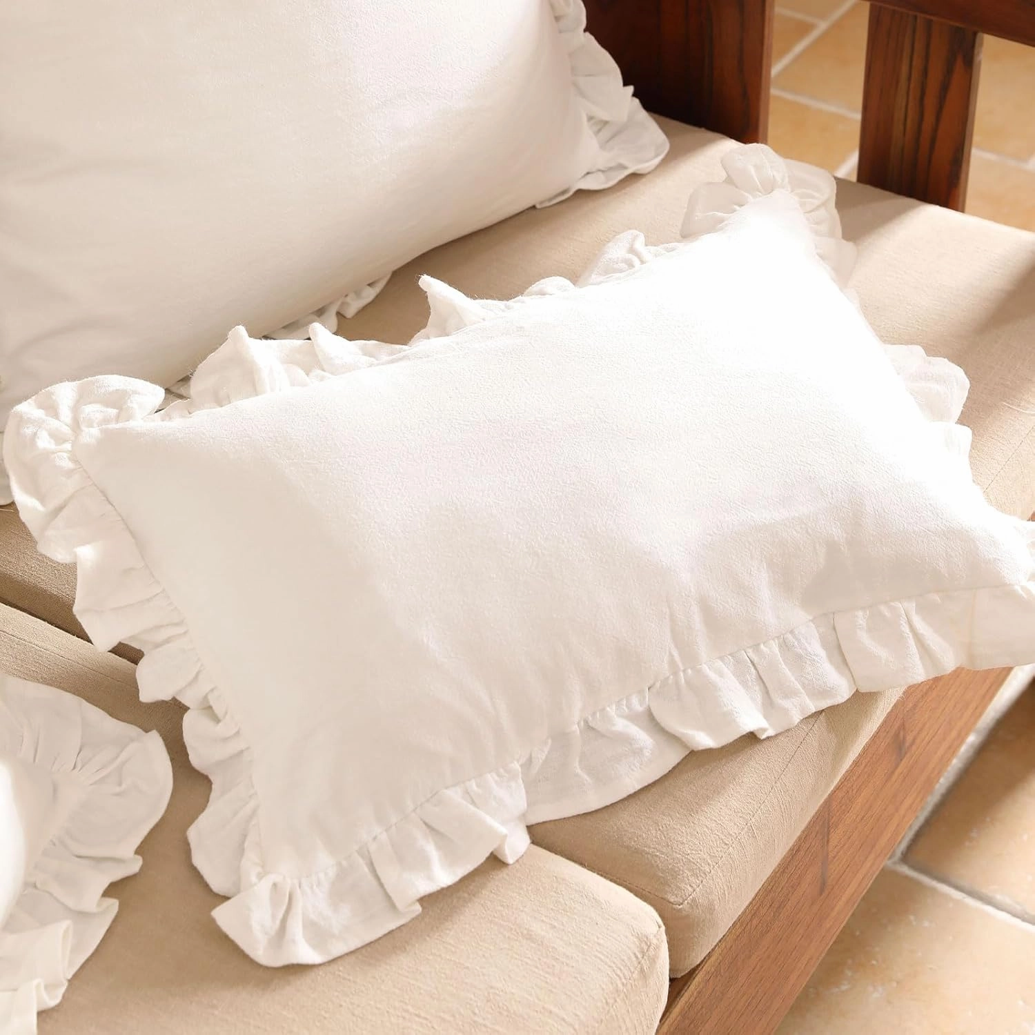 patdrea Shabby Chic White Decorative Throw Pillow Covers 12"x20" Set of 2,Farmhouse Linen Pillow Covers with Ruffles,Rectangle Sturdy Throw Pillow Case for Couch Sofa Bed Living Room