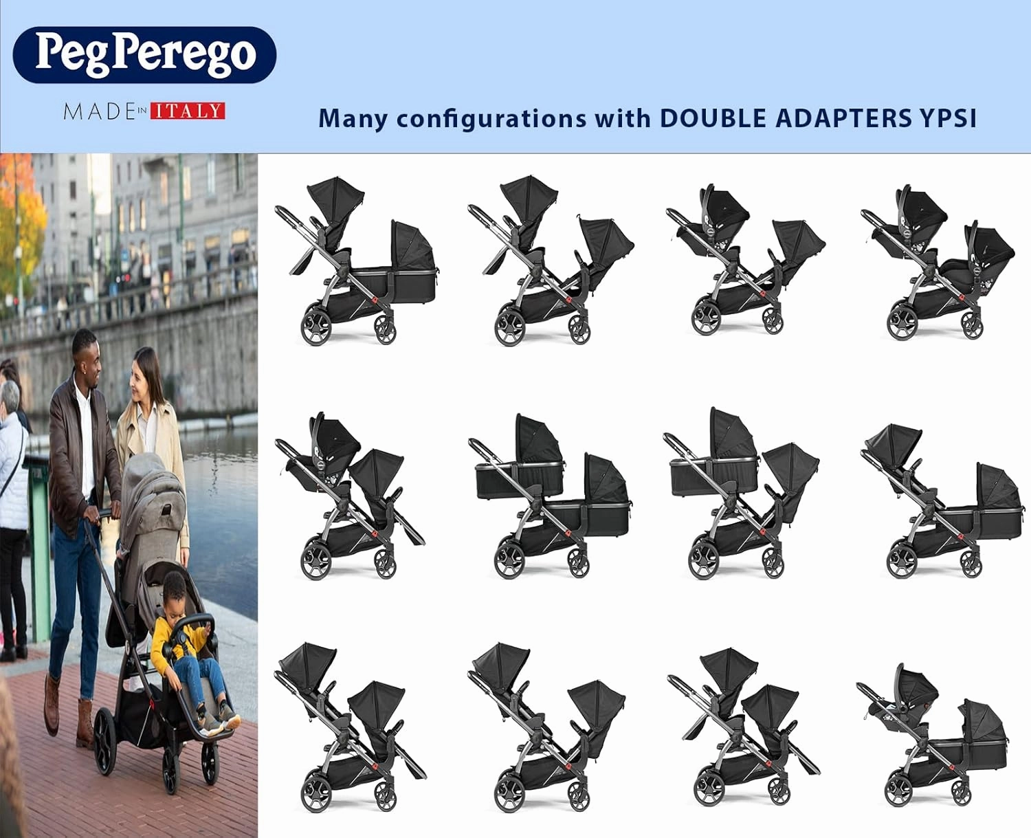Peg Perego Ypsi Travel System - Includes Ypsi Lightweight Reversible Stroller and Primo Viaggio 4-35 Nido Infant Car Seat - Made in Italy - Onyx (Black)
