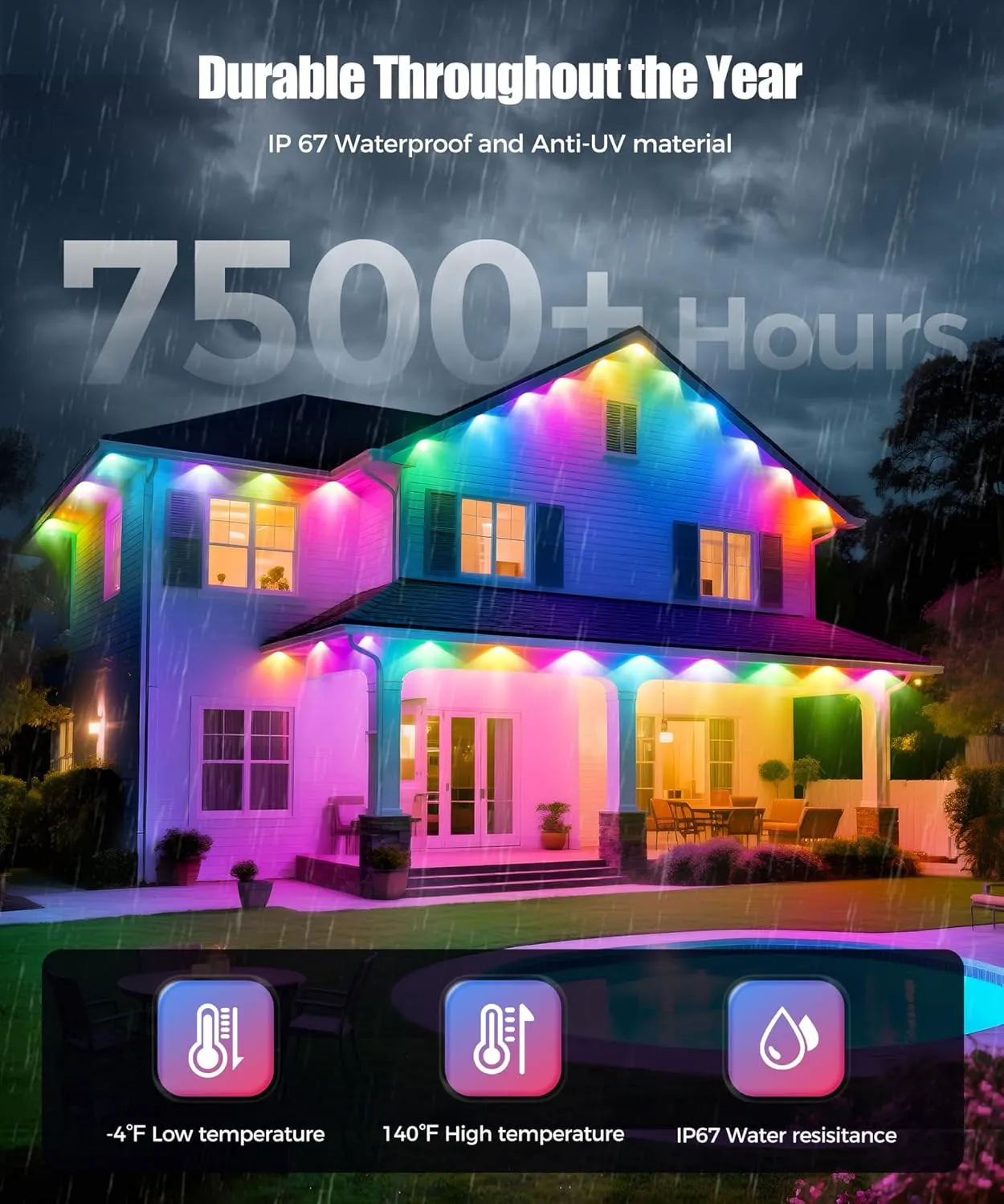 Permanent Outdoor Lights for House, 100ft RGB IC Smart Outdoor Decor, 50 Scene Modes, App/Remote Control, IP67 Waterproof, for Christmas, Holiday, Daily & Pool Party Decor, House Roof Lighting