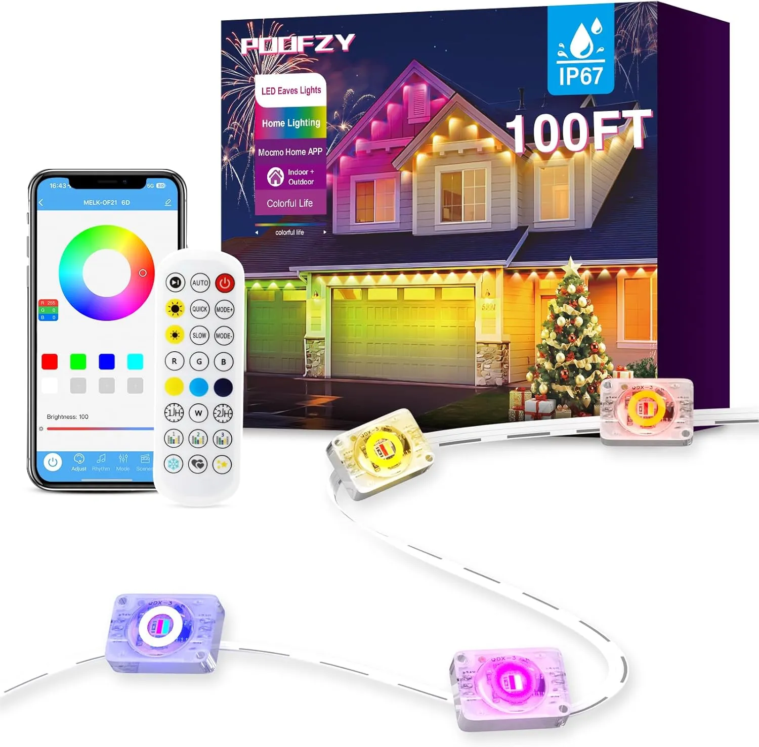 Permanent Outdoor Lights for House, 100ft RGB IC Smart Outdoor Decor, 50 Scene Modes, App/Remote Control, IP67 Waterproof, for Christmas, Holiday, Daily & Pool Party Decor, House Roof Lighting